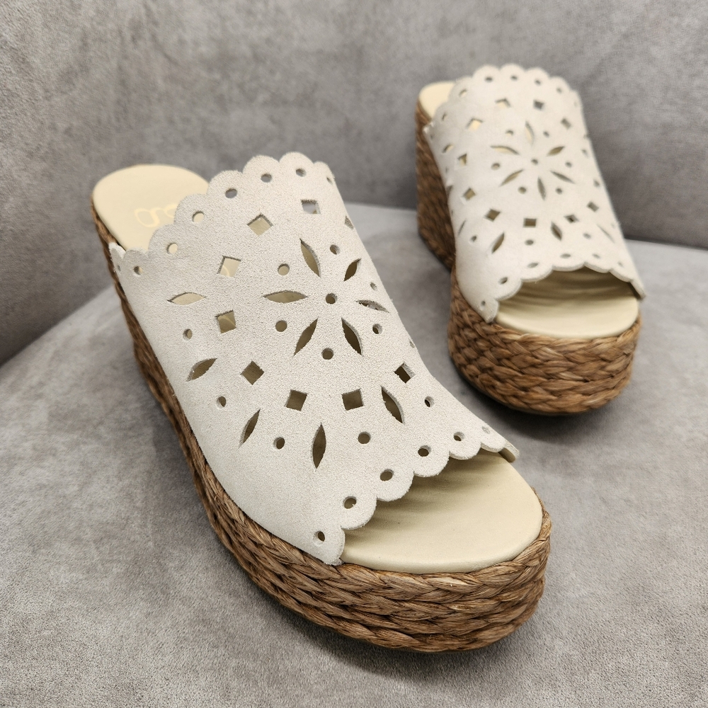 Pedro Garcia Wedge Sandals 10 Ivory Suede Darlyn Raffia Platform Boho Made Spain